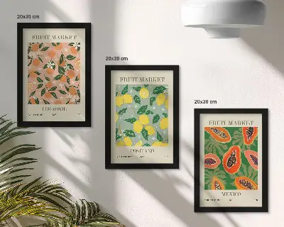 Sada tří obrazů s motivem citrusového a tropického ovoce v retro stylu