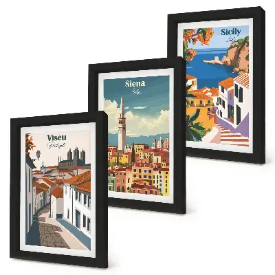 Sada tří obrazů retro ilustrace slavných měst z celého světa