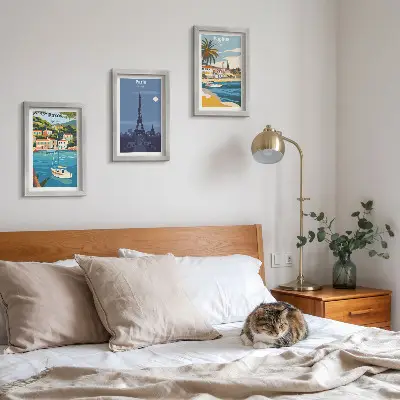 Sada tří obrazů výhledy na pobřežní města a jejich architekturu
