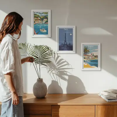Sada tří obrazů výhledy na pobřežní města a jejich architekturu