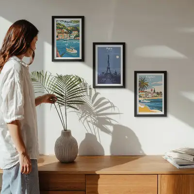 Sada tří obrazů výhledy na pobřežní města a jejich architekturu