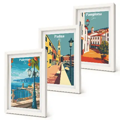 Vícedílný obraz v rámu s motivem oblíbených měst v retro ilustrativním stylu