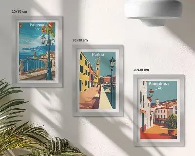 Vícedílný obraz v rámu s motivem oblíbených měst v retro ilustrativním stylu