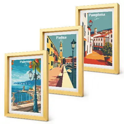 Vícedílný obraz v rámu s motivem oblíbených měst v retro ilustrativním stylu