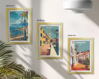 Vícedílný obraz v rámu s motivem oblíbených měst v retro ilustrativním stylu