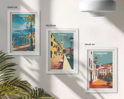 Vícedílný obraz v rámu s motivem oblíbených měst v retro ilustrativním stylu