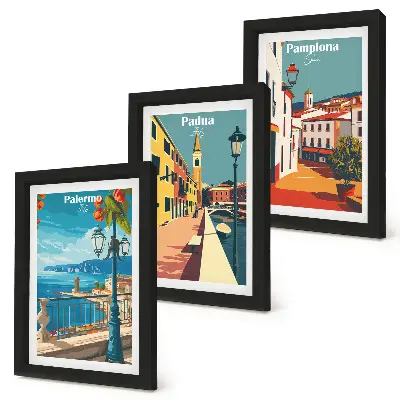 Vícedílný obraz v rámu s motivem oblíbených měst v retro ilustrativním stylu