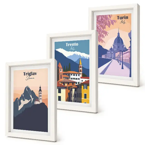 Vícedílný obraz v rámu barevná ilustrace hor a retro architektury