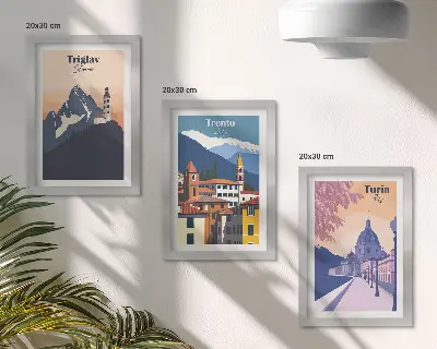 Vícedílný obraz v rámu barevná ilustrace hor a retro architektury