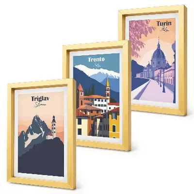 Vícedílný obraz v rámu barevná ilustrace hor a retro architektury