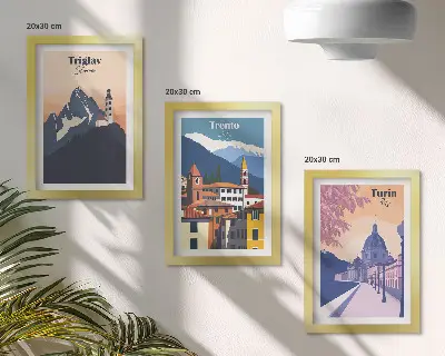 Vícedílný obraz v rámu barevná ilustrace hor a retro architektury