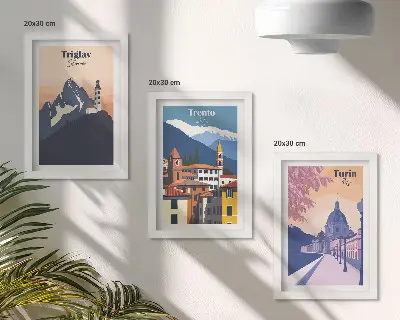 Vícedílný obraz v rámu barevná ilustrace hor a retro architektury