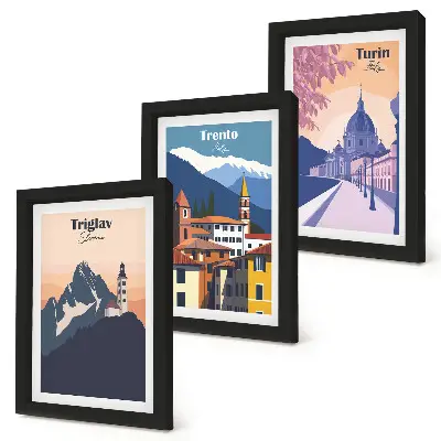 Vícedílný obraz v rámu barevná ilustrace hor a retro architektury