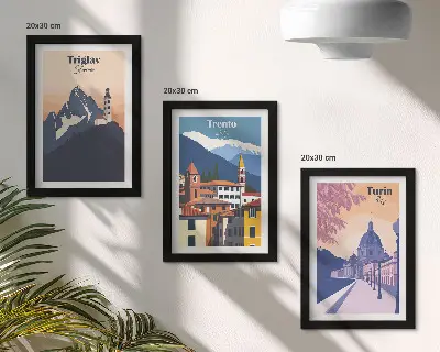 Vícedílný obraz v rámu barevná ilustrace hor a retro architektury