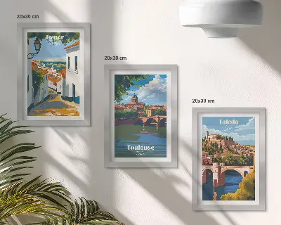 Sada obrazů na zeď v retro stylu s grafikou slavných měst