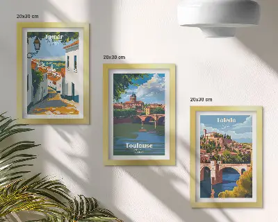 Sada obrazů na zeď v retro stylu s grafikou slavných měst