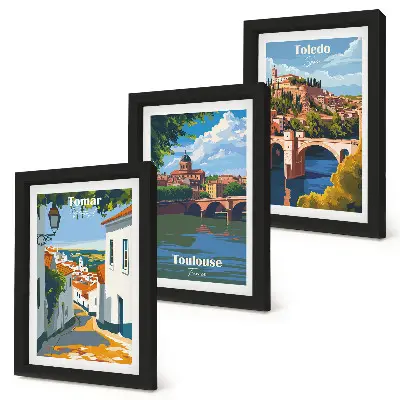 Sada obrazů na zeď v retro stylu s grafikou slavných měst