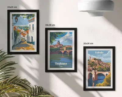 Sada obrazů na zeď v retro stylu s grafikou slavných měst