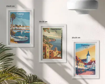 Sada tří obrazů s výhledy na pobřežní města a jejich architekturu
