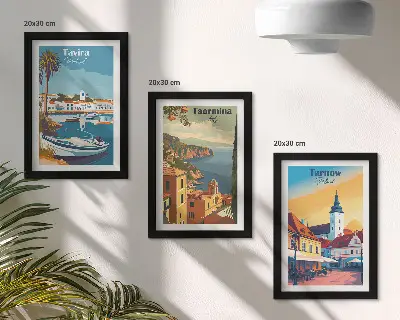 Sada tří obrazů s výhledy na pobřežní města a jejich architekturu