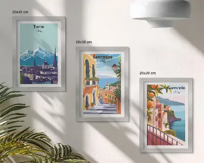 Sada obrazů na zeď s pestrobarevnými ilustracemi městských scenérií v retro stylu