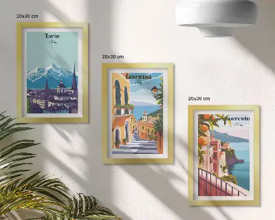 Sada obrazů na zeď s pestrobarevnými ilustracemi městských scenérií v retro stylu