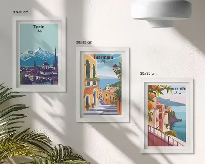 Sada obrazů na zeď s pestrobarevnými ilustracemi městských scenérií v retro stylu