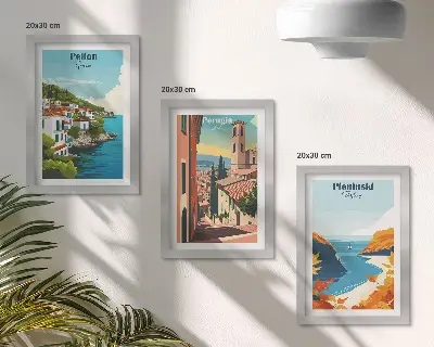 Sada tří obrazů v retro stylu s motivem malebných krajin