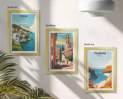 Sada tří obrazů v retro stylu s motivem malebných krajin