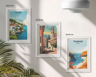 Sada tří obrazů v retro stylu s motivem malebných krajin