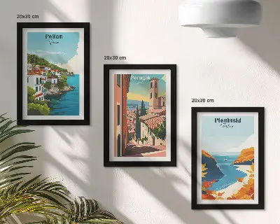 Sada tří obrazů v retro stylu s motivem malebných krajin