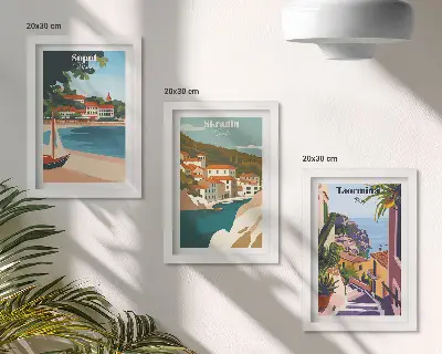 Vícedílný obraz v rámu stylové ilustrace s výhledem na přímořské město