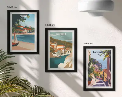 Vícedílný obraz v rámu stylové ilustrace s výhledem na přímořské město