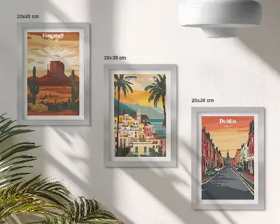 Sada tří obrazů krajiny měst a přírody v teplých barvách