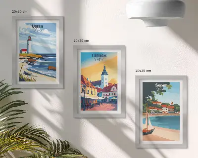 Vícedílný obraz v rámu s motivem polských měst Ustka, Tarnów a Sopoty
