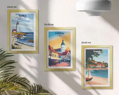 Vícedílný obraz v rámu s motivem polských měst Ustka, Tarnów a Sopoty