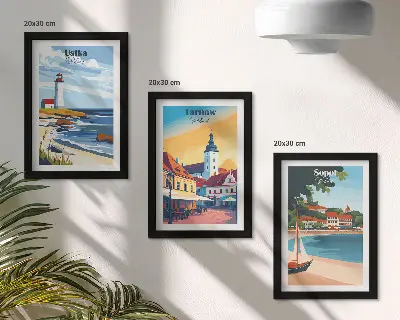 Vícedílný obraz v rámu s motivem polských měst Ustka, Tarnów a Sopoty