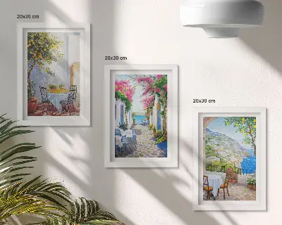 Sada obrazů na zeď s okouzlujícími uličkami, kvetoucími rostlinami a výhledy na moře