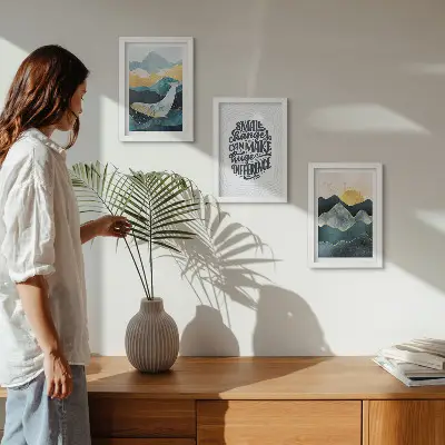 Sada tří obrazů abstraktní horské krajiny s inspirativním nápisem