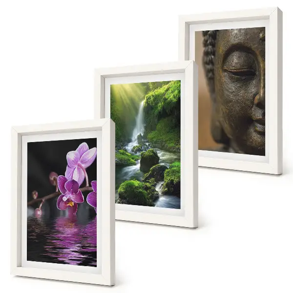 Sada obrazů na zeď květiny ve vodopádu se zelenými kameny a Buddha