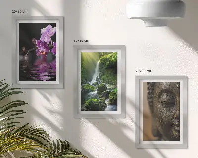 Sada obrazů na zeď květiny ve vodopádu se zelenými kameny a Buddha