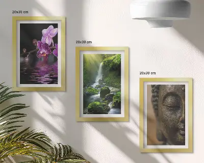 Sada obrazů na zeď květiny ve vodopádu se zelenými kameny a Buddha