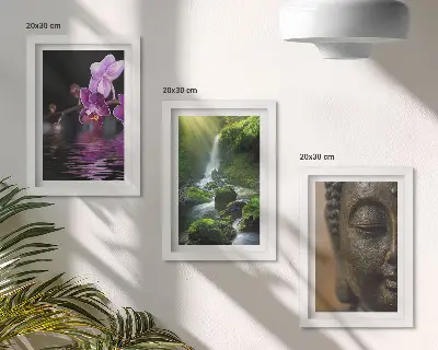 Sada obrazů na zeď květiny ve vodopádu se zelenými kameny a Buddha