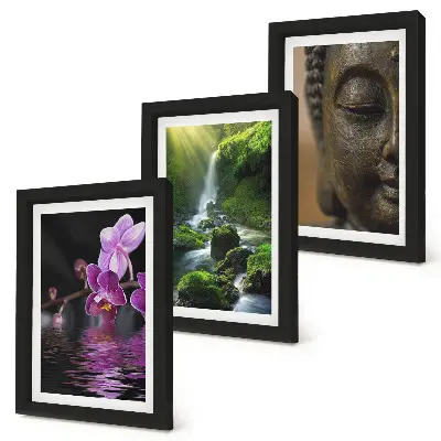 Sada obrazů na zeď květiny ve vodopádu se zelenými kameny a Buddha