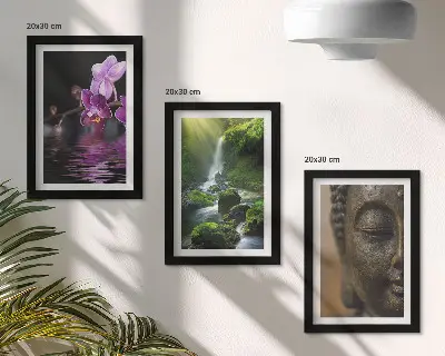 Sada obrazů na zeď květiny ve vodopádu se zelenými kameny a Buddha