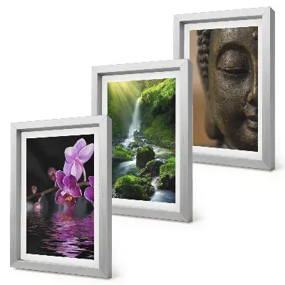 Sada obrazů na zeď květiny ve vodopádu se zelenými kameny a Buddha