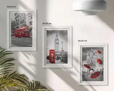 Sada tří obrazů s motivem červených akcentů a slavných londýnských budov
