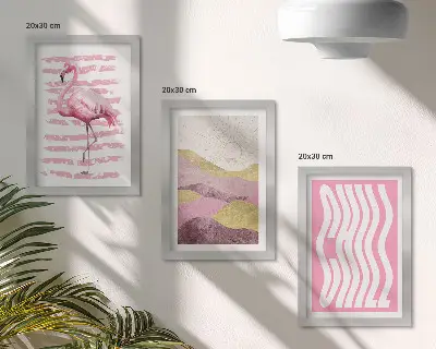 Sada nástěnných obrazů růžoví plameňáci v pastelové horské krajině s chladným písmem