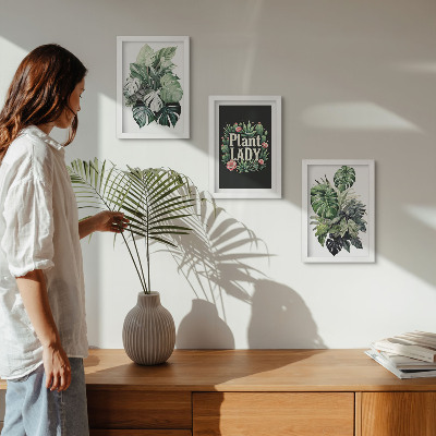 Sada obrazů na zeď Tropické rostliny s nápisem Plant Lady v zelené barvě