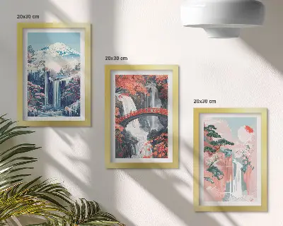 Sada obrazů na zeď vodopády v horách s mostem a kvetoucími stromy